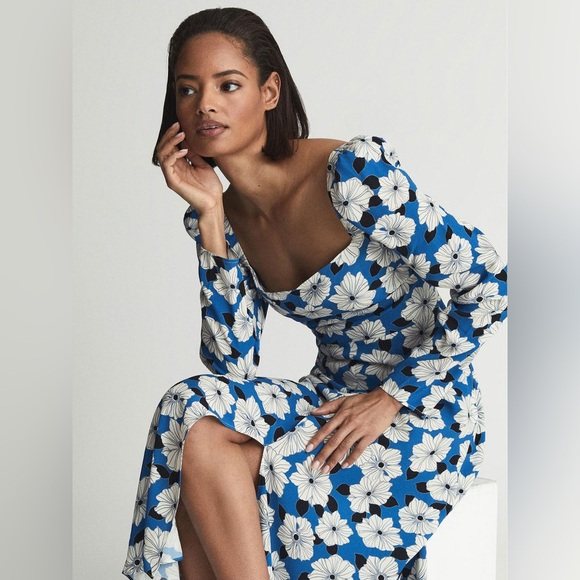 REISS | Miller Blue White Floral Print Square Neck Midi Dress 10 - Picture 7 of 16